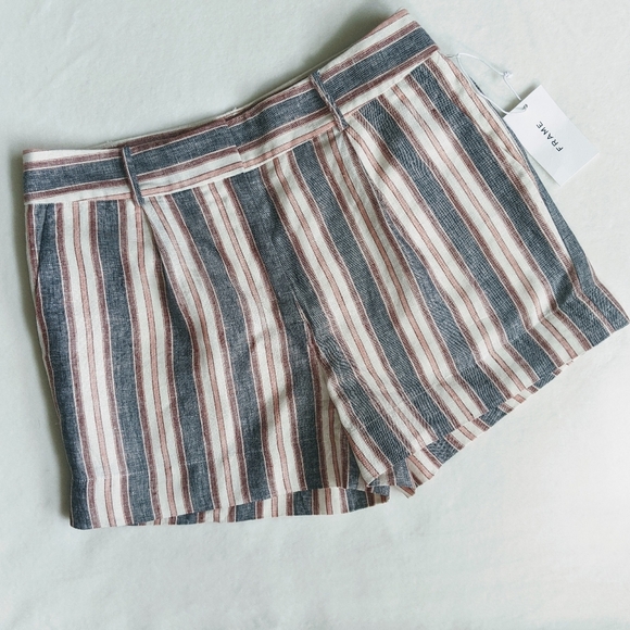 Frame Shorts Linen High Waist Zip Fly Striped Lined Natural Blue Red 8 NWT - Picture 1 of 14